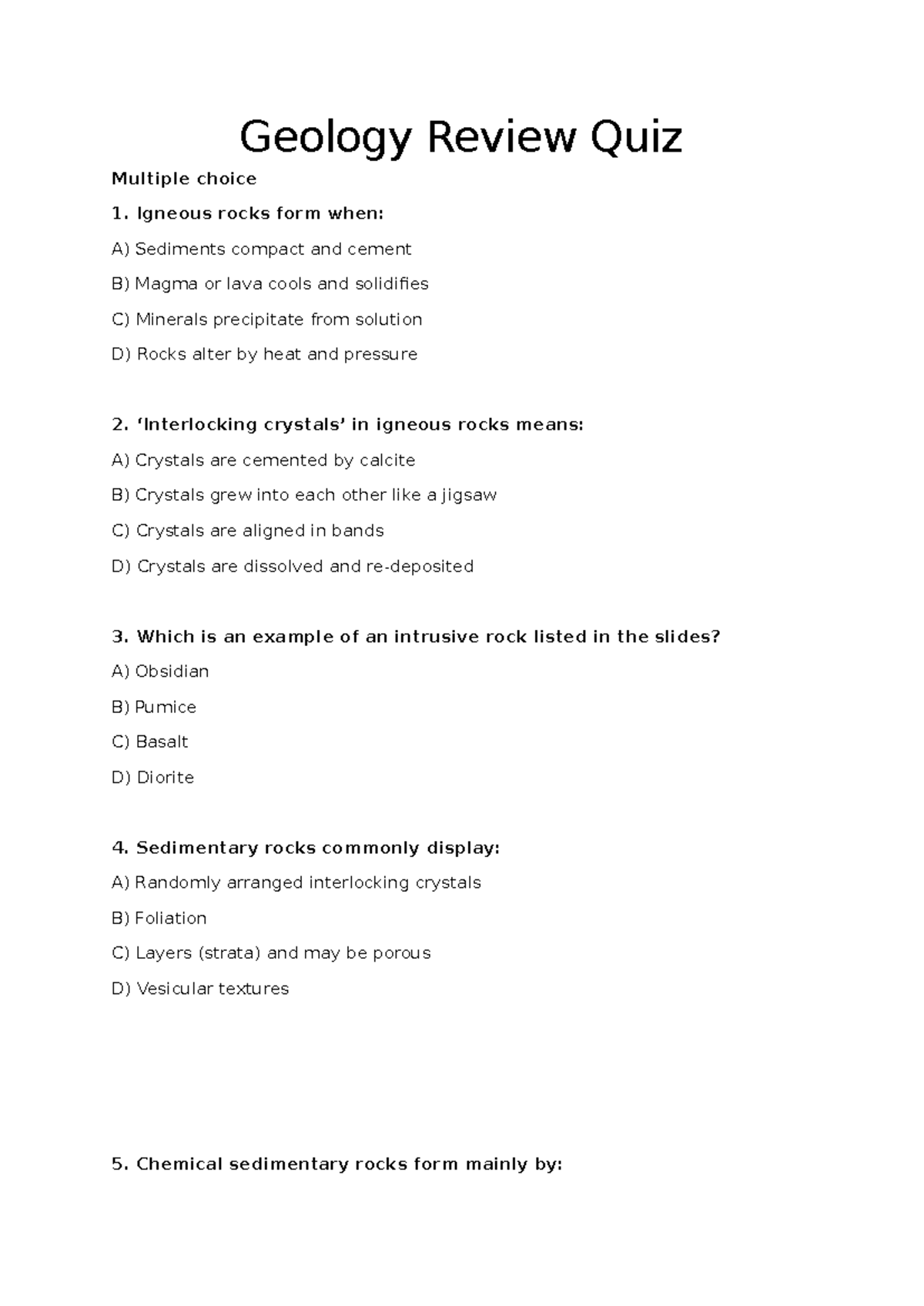 Geology 101: Review Quiz on Igneous and Sedimentary Rocks - Studocu