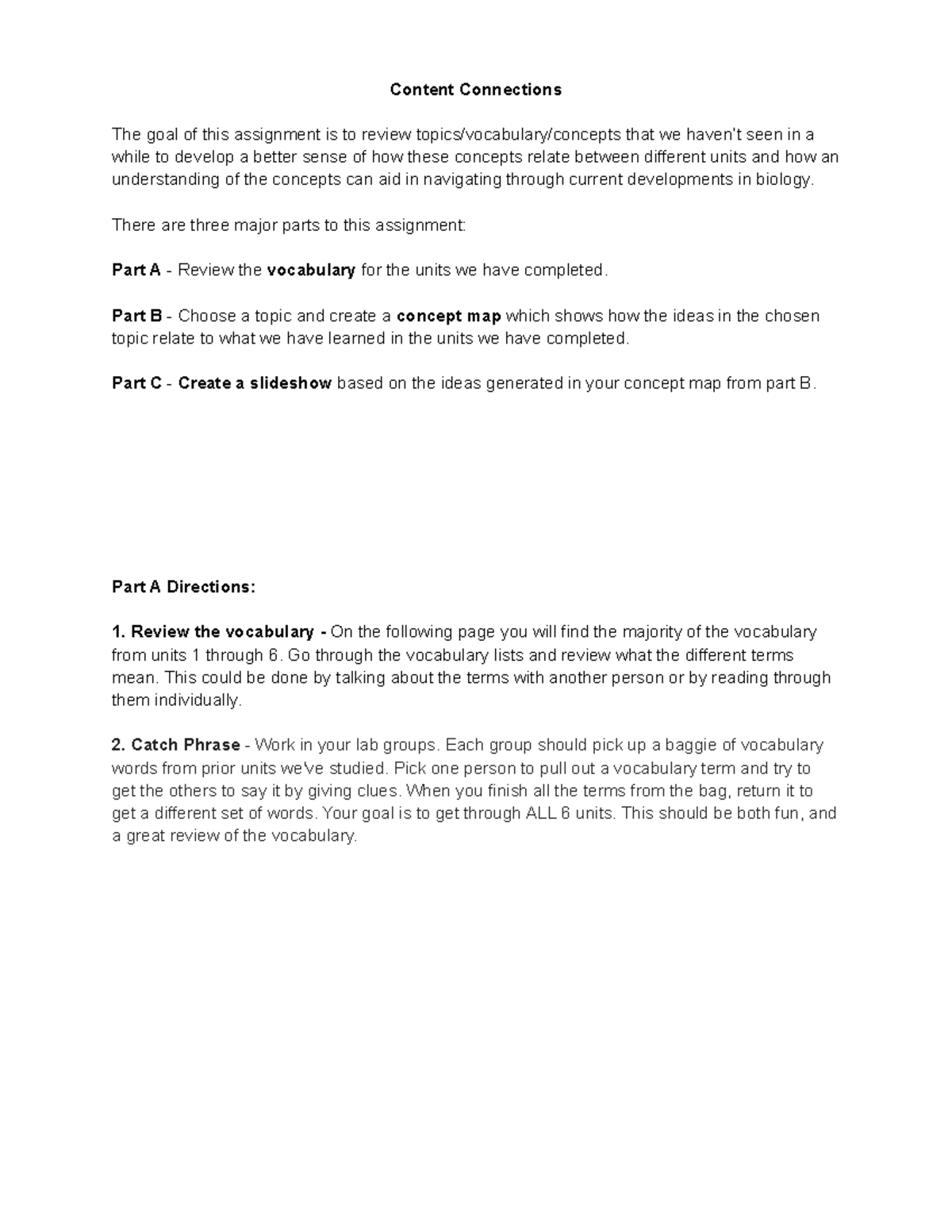 Content Connections - There are three major parts to this assignment ...