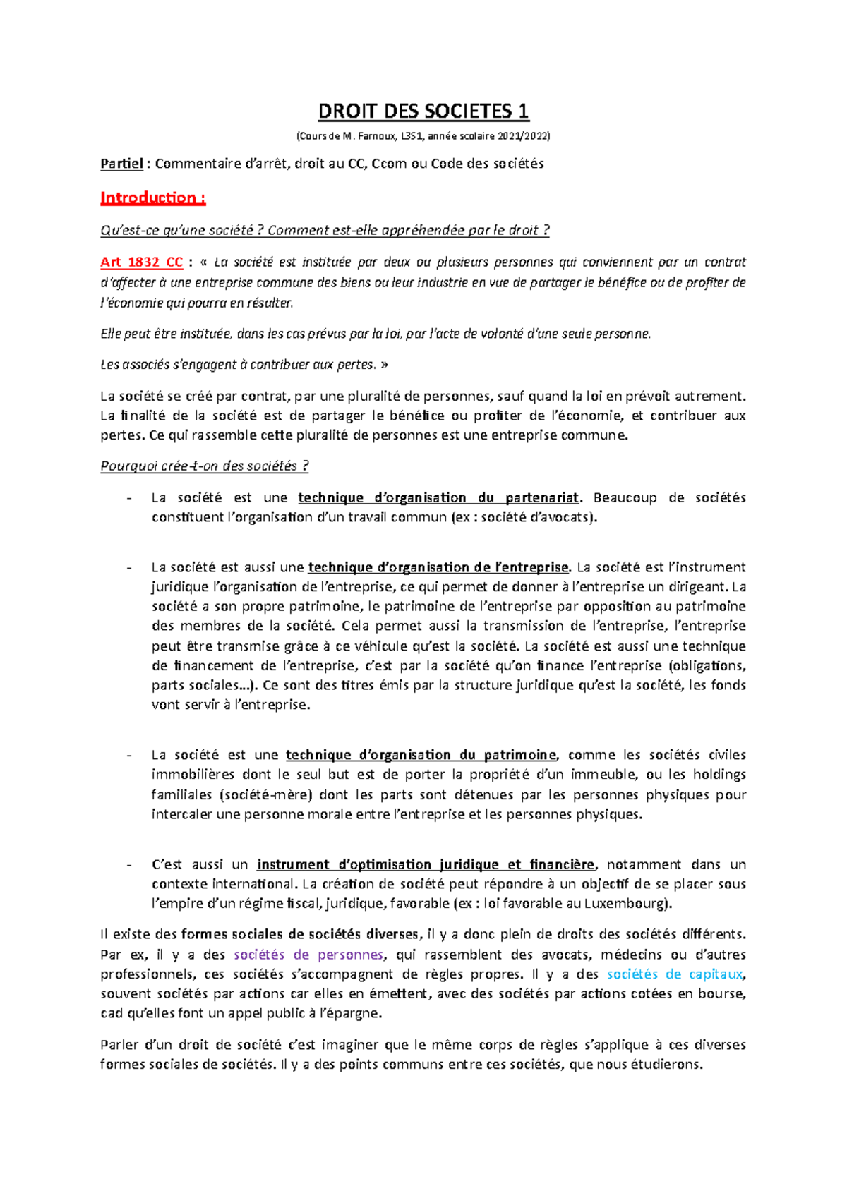 Droit des Sociétés 1 - Cours M. Farnoux: Concepts et Sources Juridiques ...