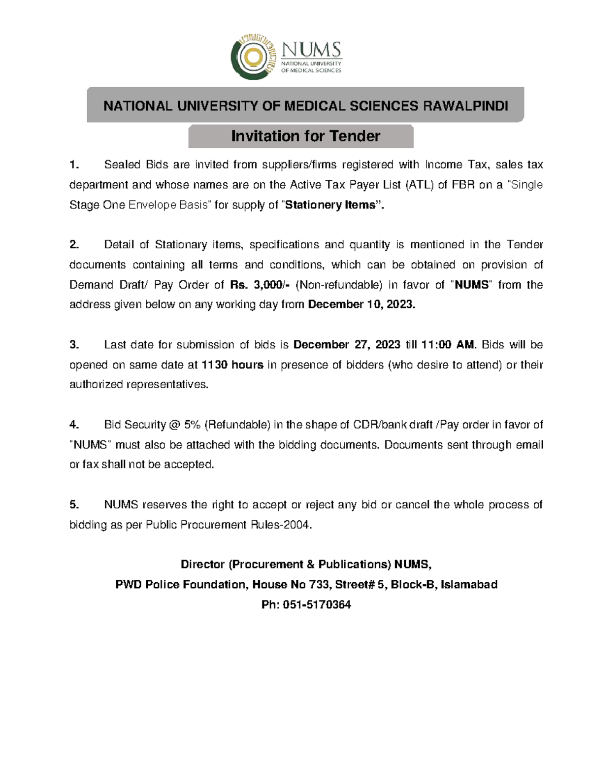 Nums - tender of numl - NATIONAL UNIVERSITY OF MEDICAL SCIENCES ...