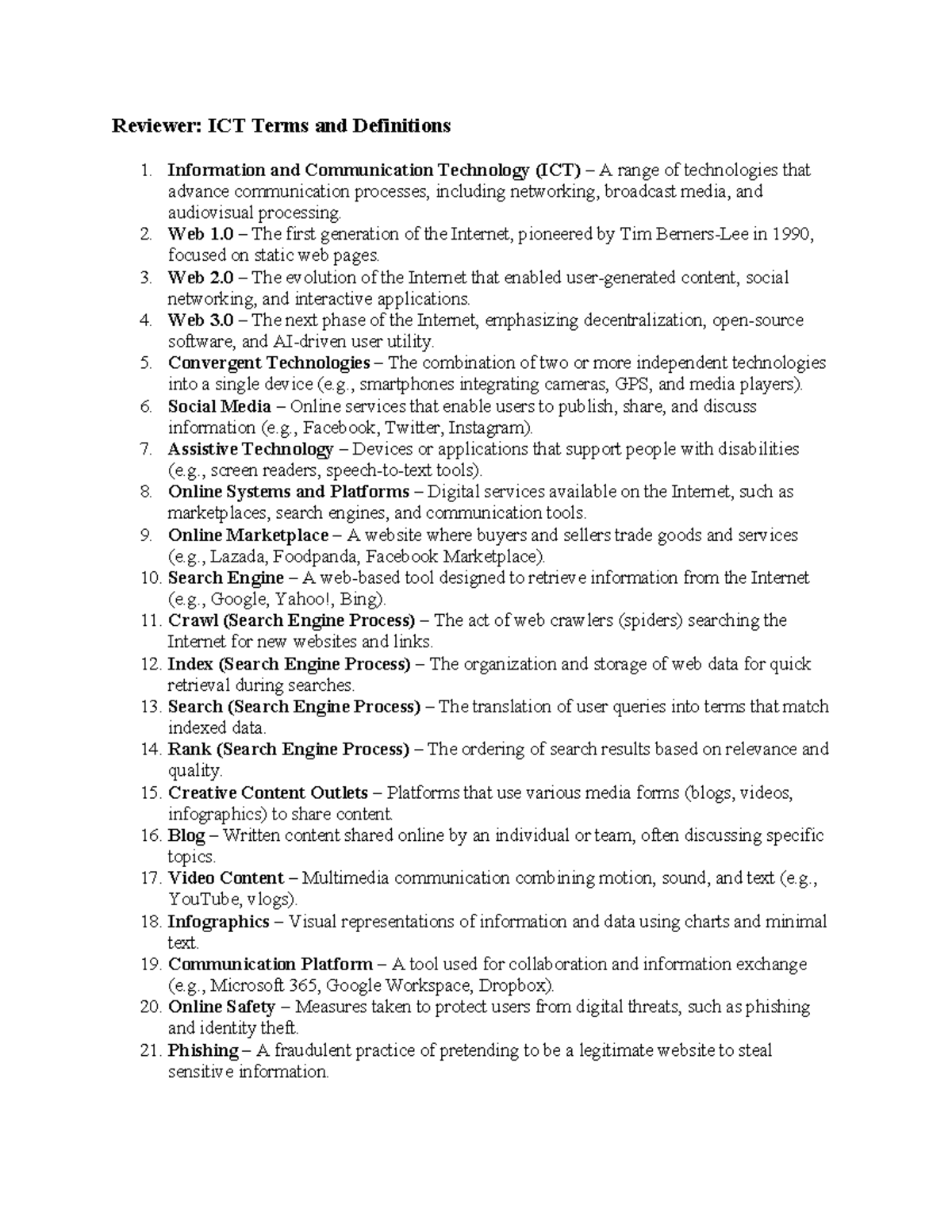 ICT 101 - Reviewer: Key Terms and Definitions for Technology - Studocu