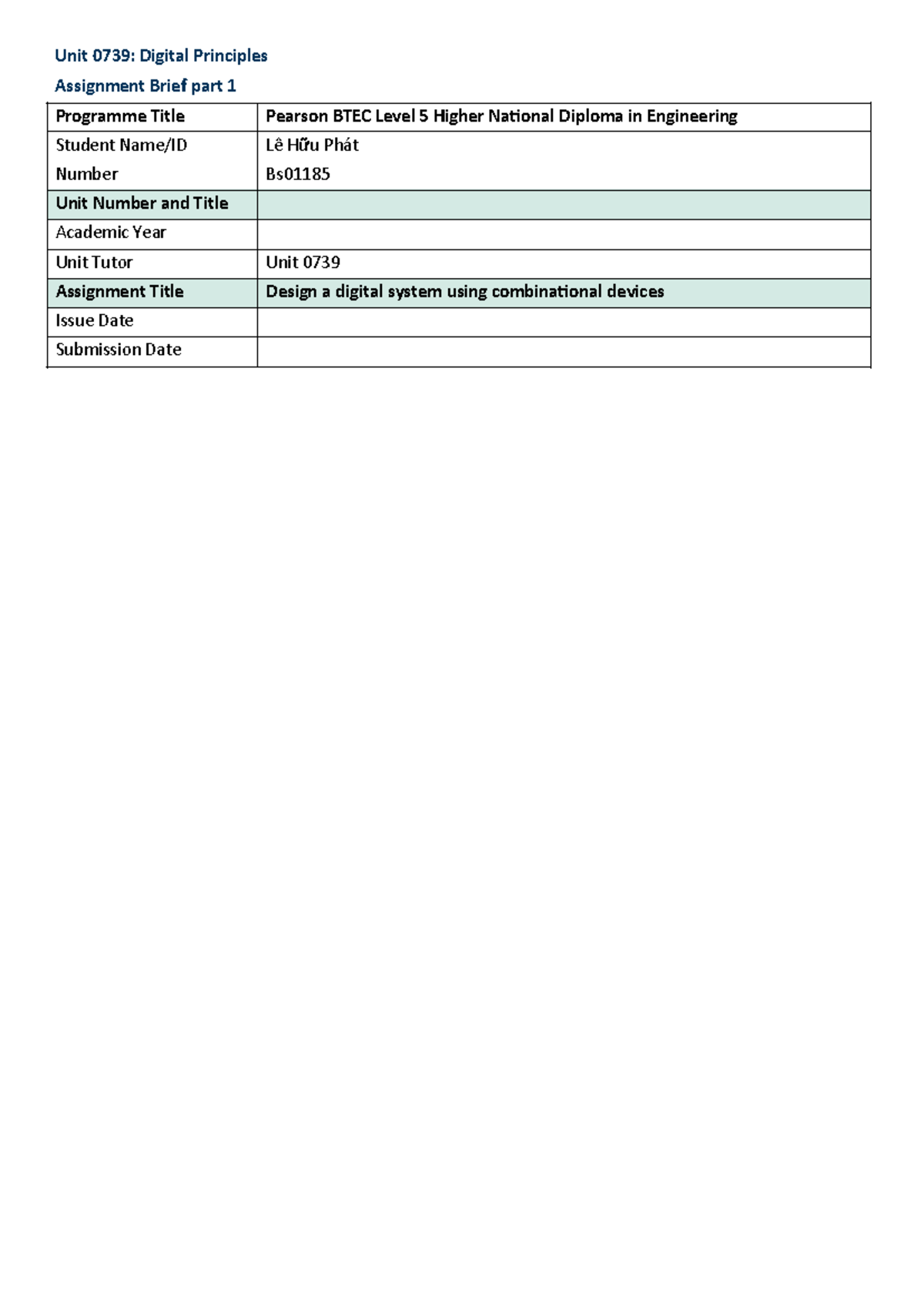 Unit 0739: Digital System Design Assignment Brief - Part 1 - Studocu