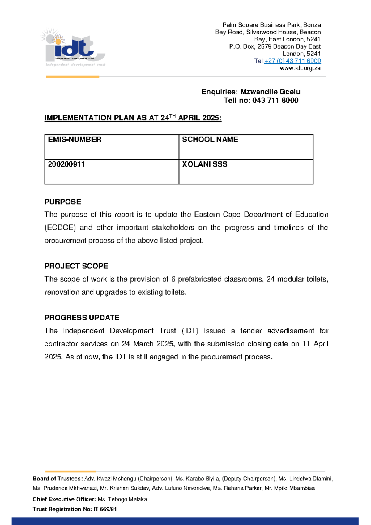Implementation Plan Update for Xolani School Project 200200911 - Studocu