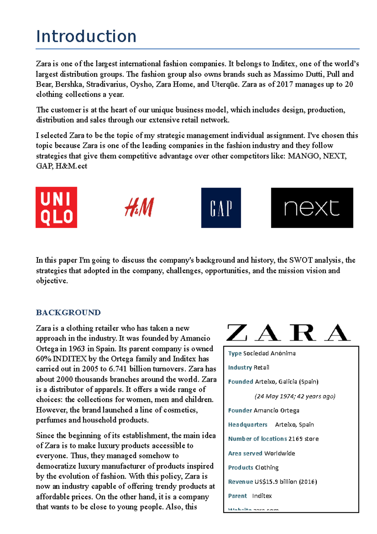 1 docx - Zara Strategy - Introduction Zara is one of the largest ...