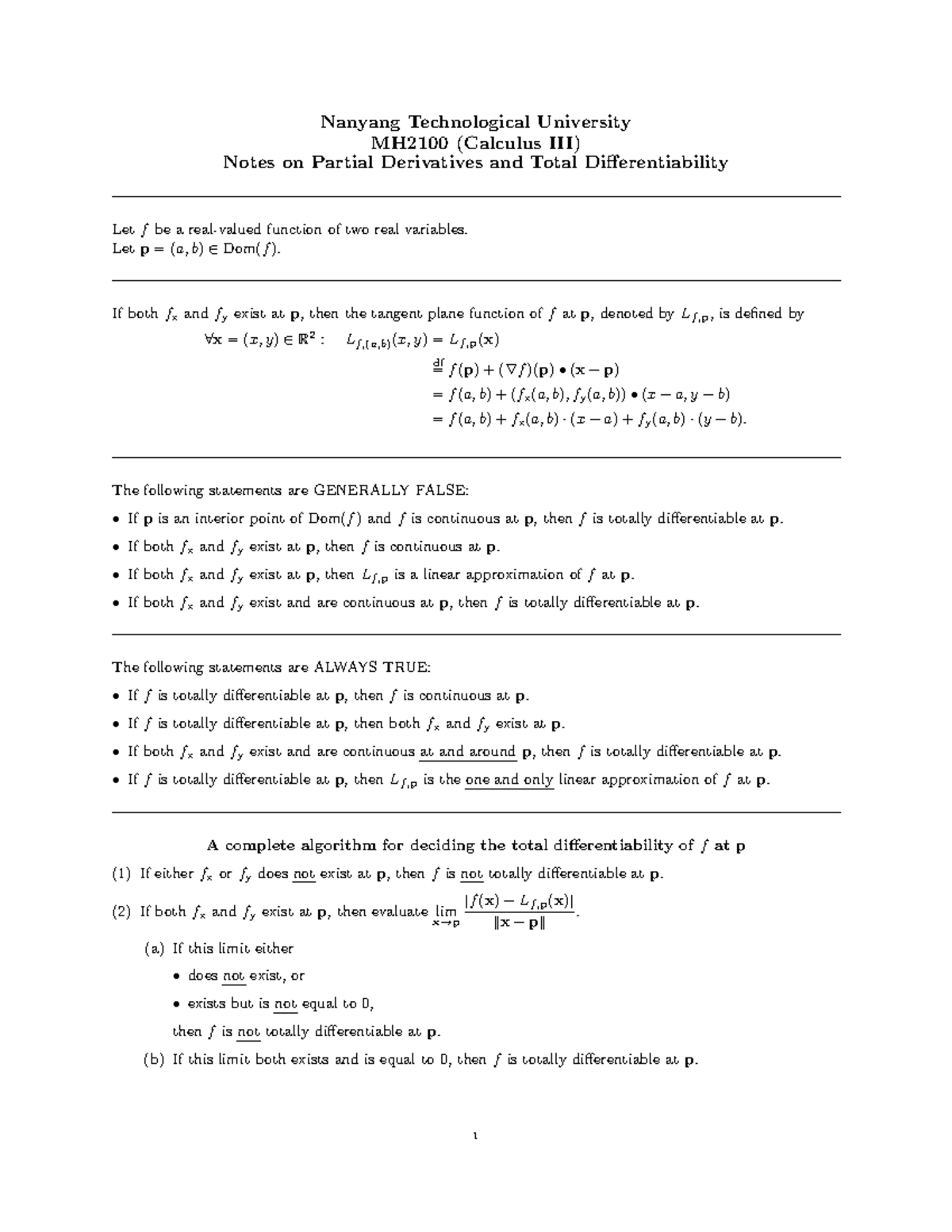 MH2100 Calculus III: Notes on Partial Derivatives & Differentiability ...