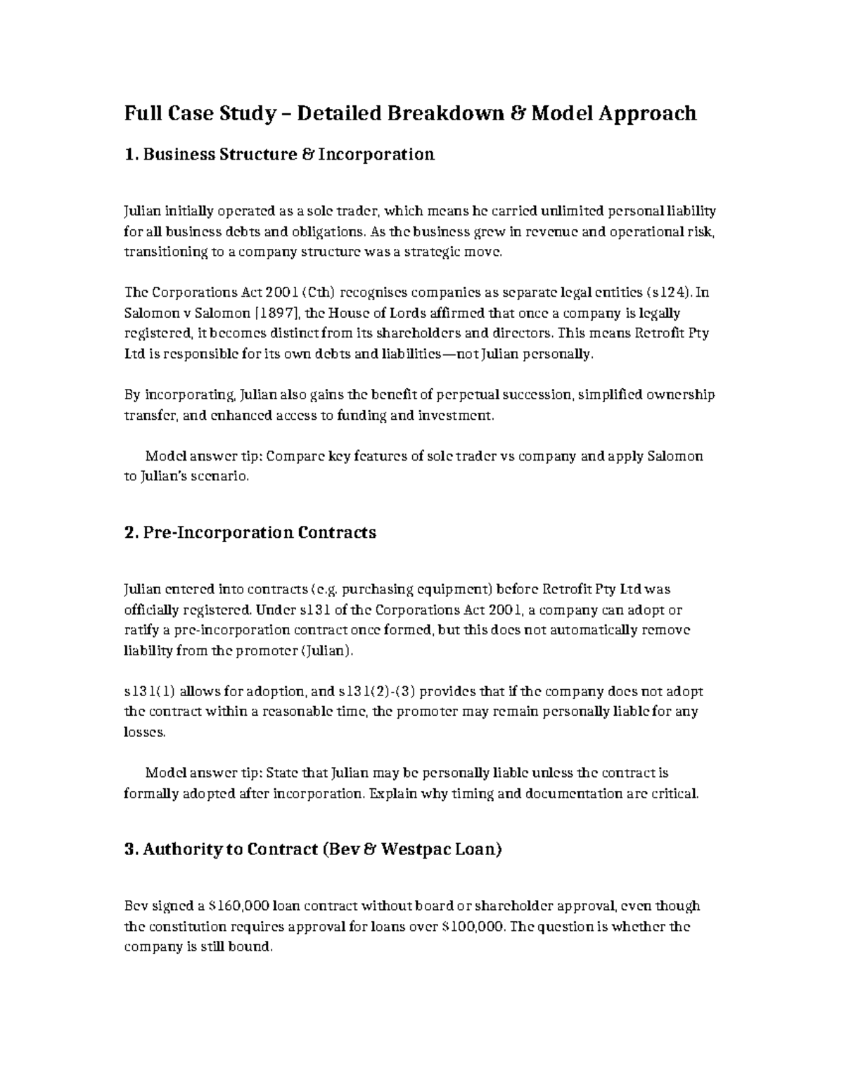 LAW2450 Full Case Study Breakdown: Business Structure & Contracts - Studocu