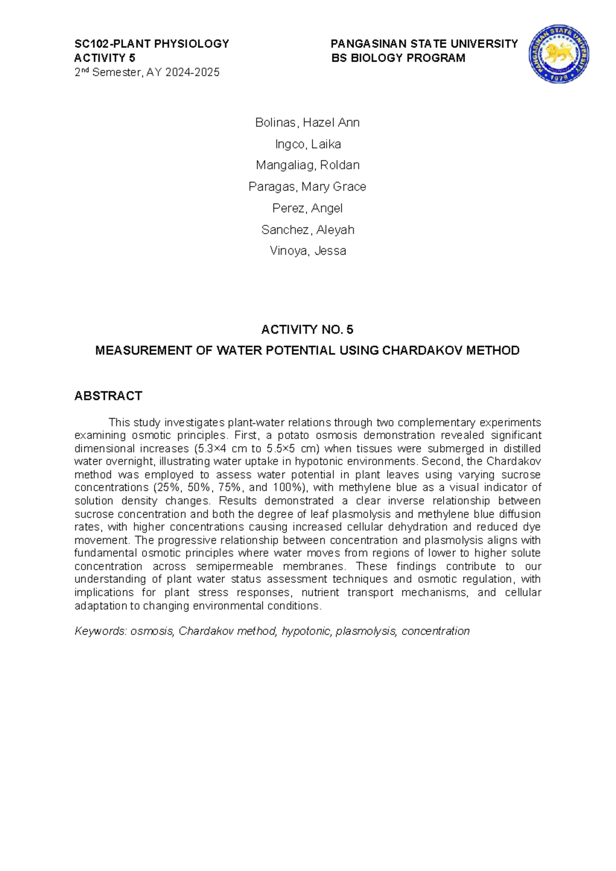 PHYSIOLOGY ACTIVITY 5: MEASURING WATER POTENTIAL USING CHARDAKOV METHOD ...