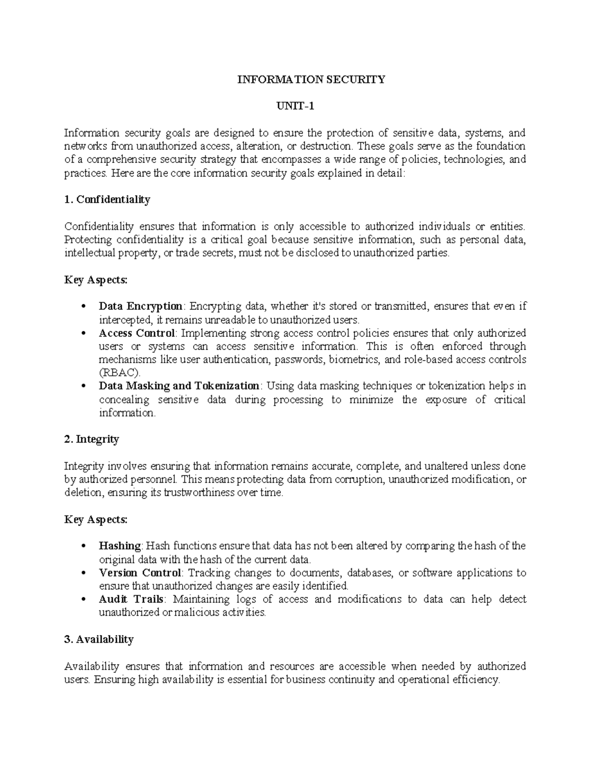Info sec unit 1 - notes on info security - INFORMATION SECURITY UNIT ...