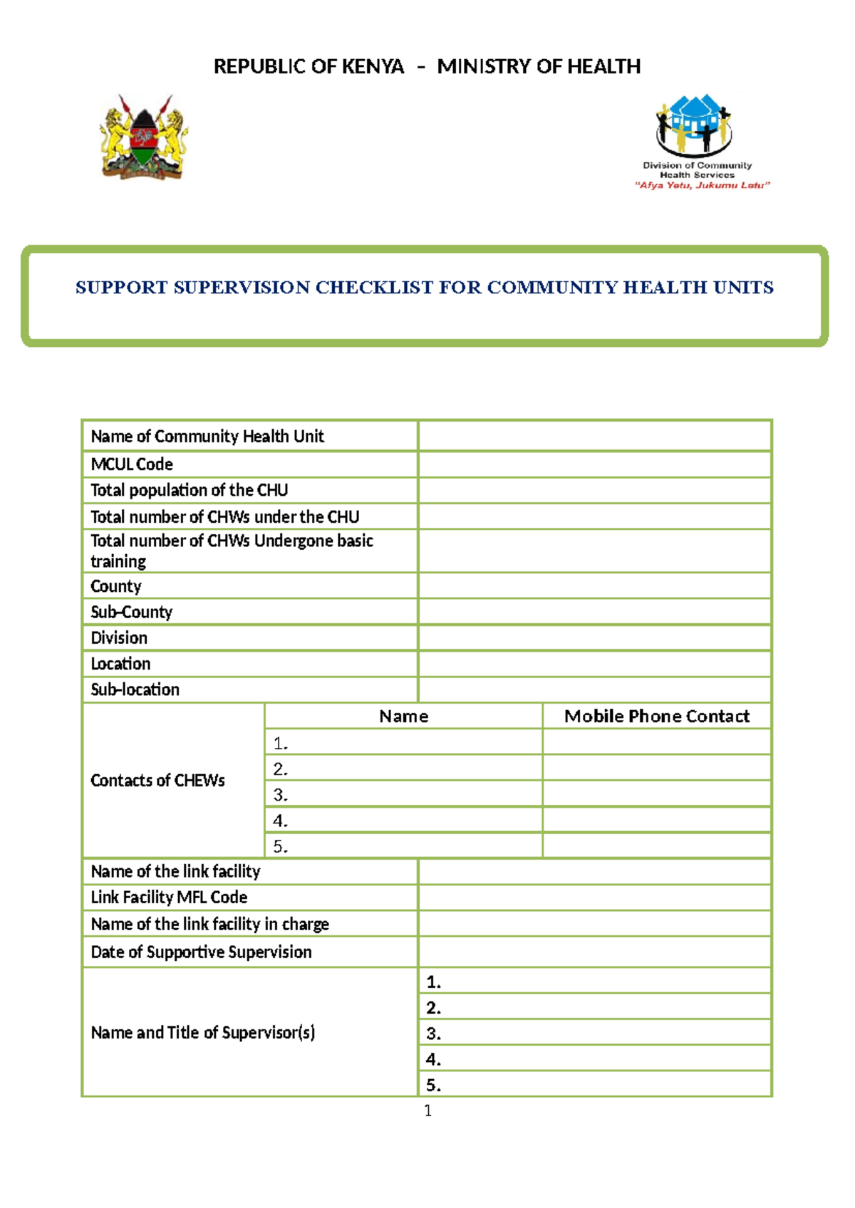 Support Supervision Checklist for Community Health Units - MOH 515 ...