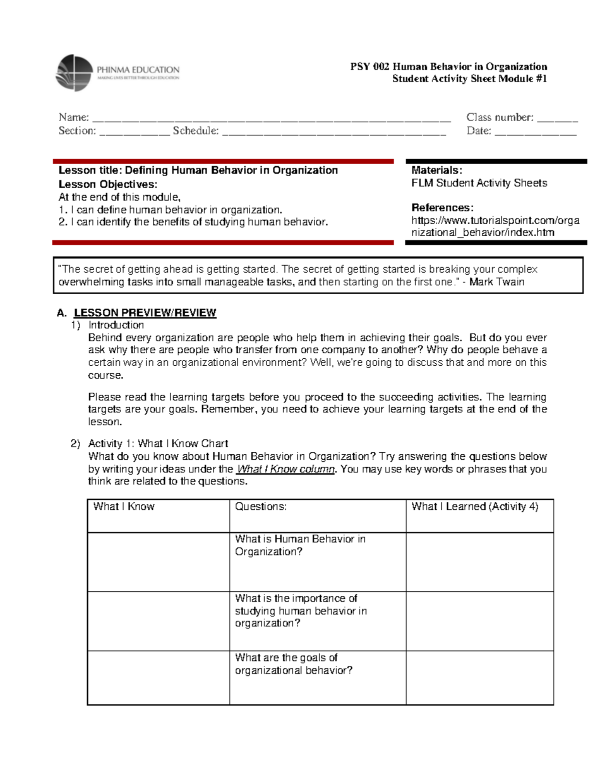 PSY 002 Student Activity Sheet: Understanding Human Behavior in ...