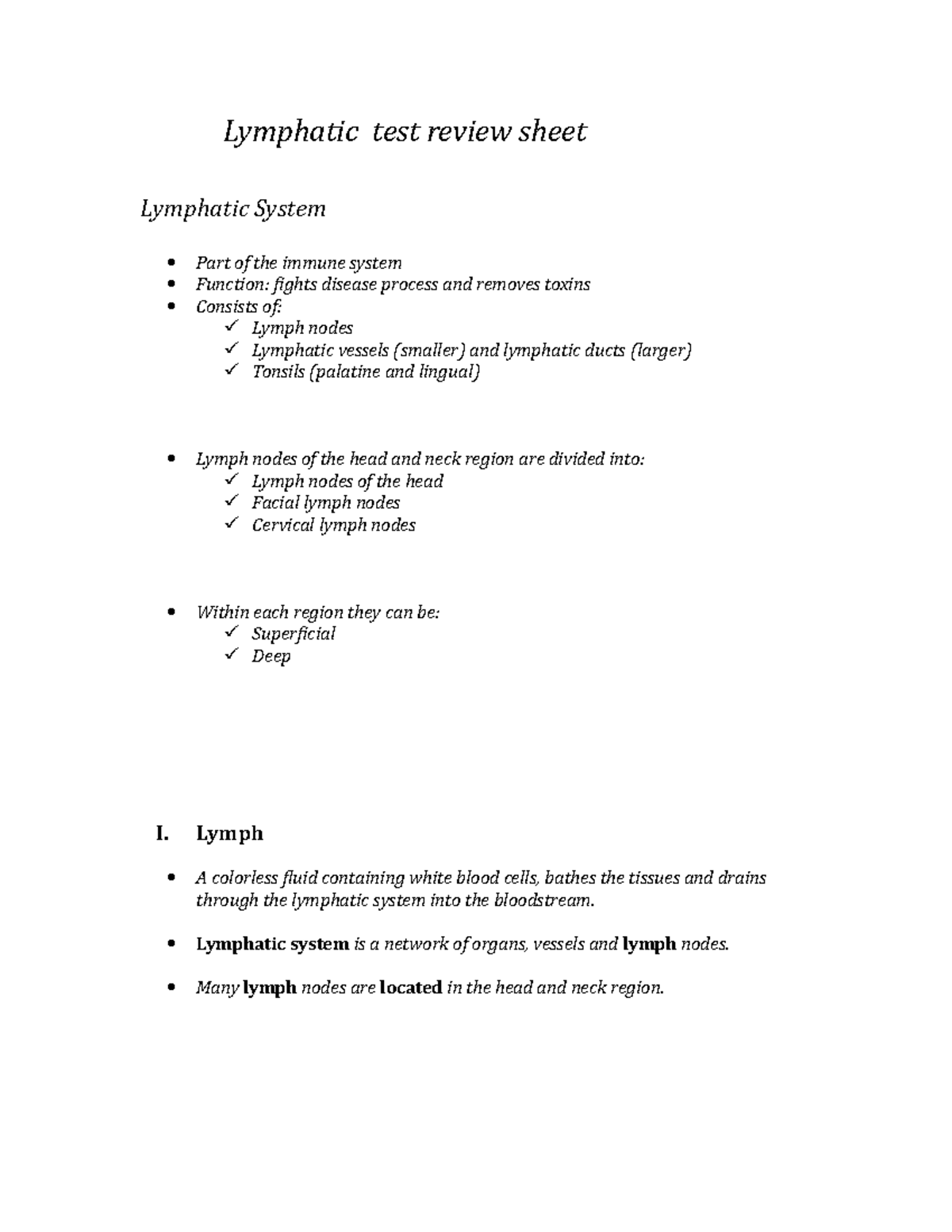 Lymphatic test review sheet - Lymphatic test review sheet Lymphatic ...