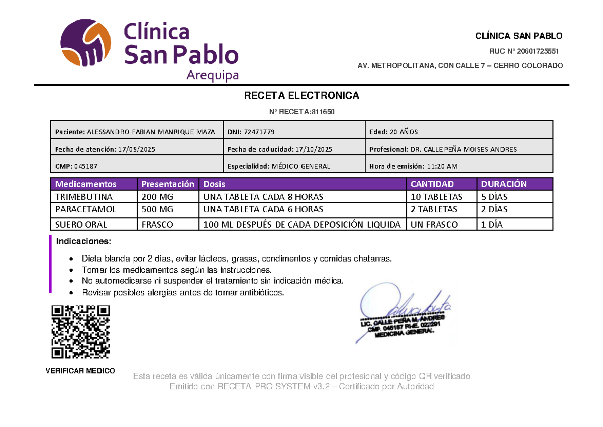 Receta Electrónica CLÍNICA SAN PABLO - Paciente: ALESSANDRO MAZA - Document Preview