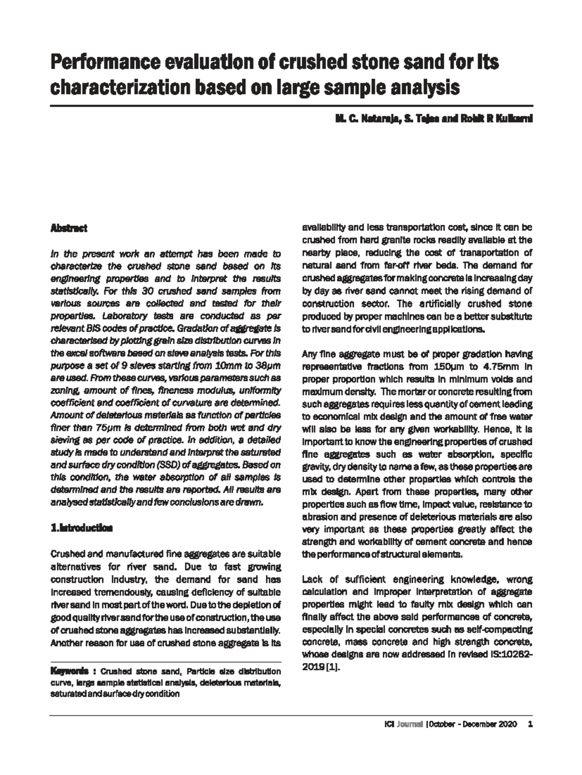 Performance Evaluation of Crushed Stone Sand: Large Sample Analysis (M ...