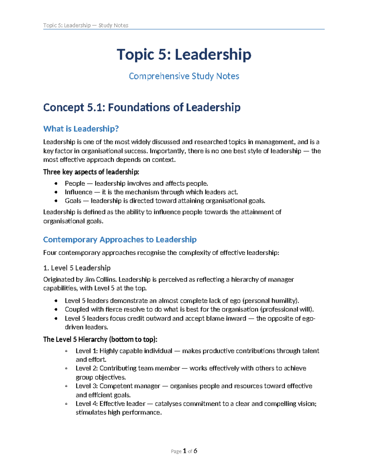 Topic 5: Leadership Study Notes - Comprehensive Overview - Studocu
