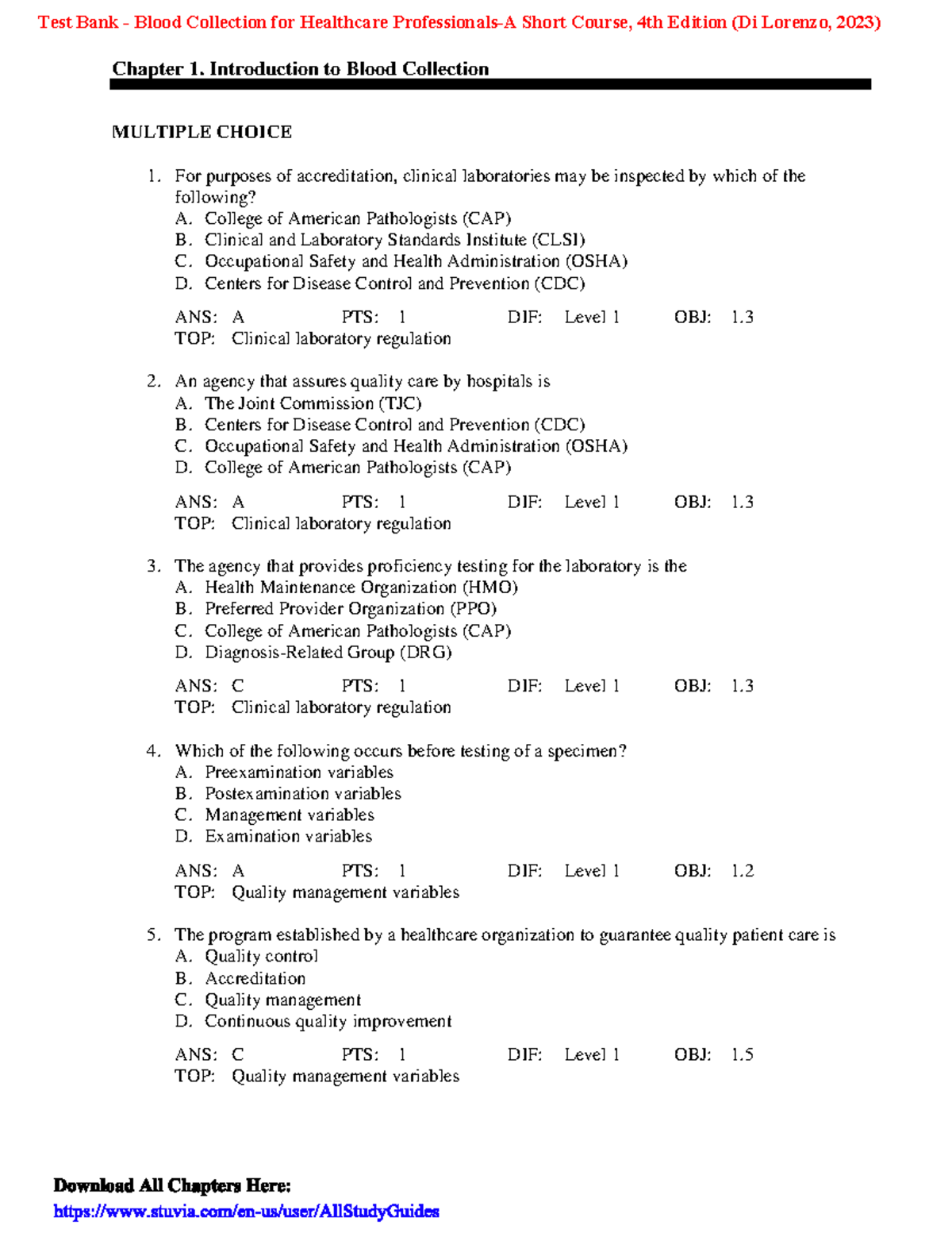 Test Bank - Blood Collection for Healthcare Short Course, 4th Ed. (Di ...