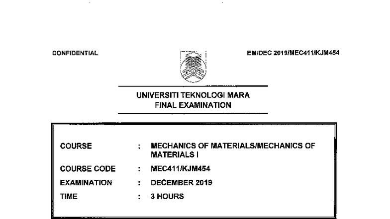 MEC411 Final Exam December 2019 - Mechanics of Materials I Past Year ...