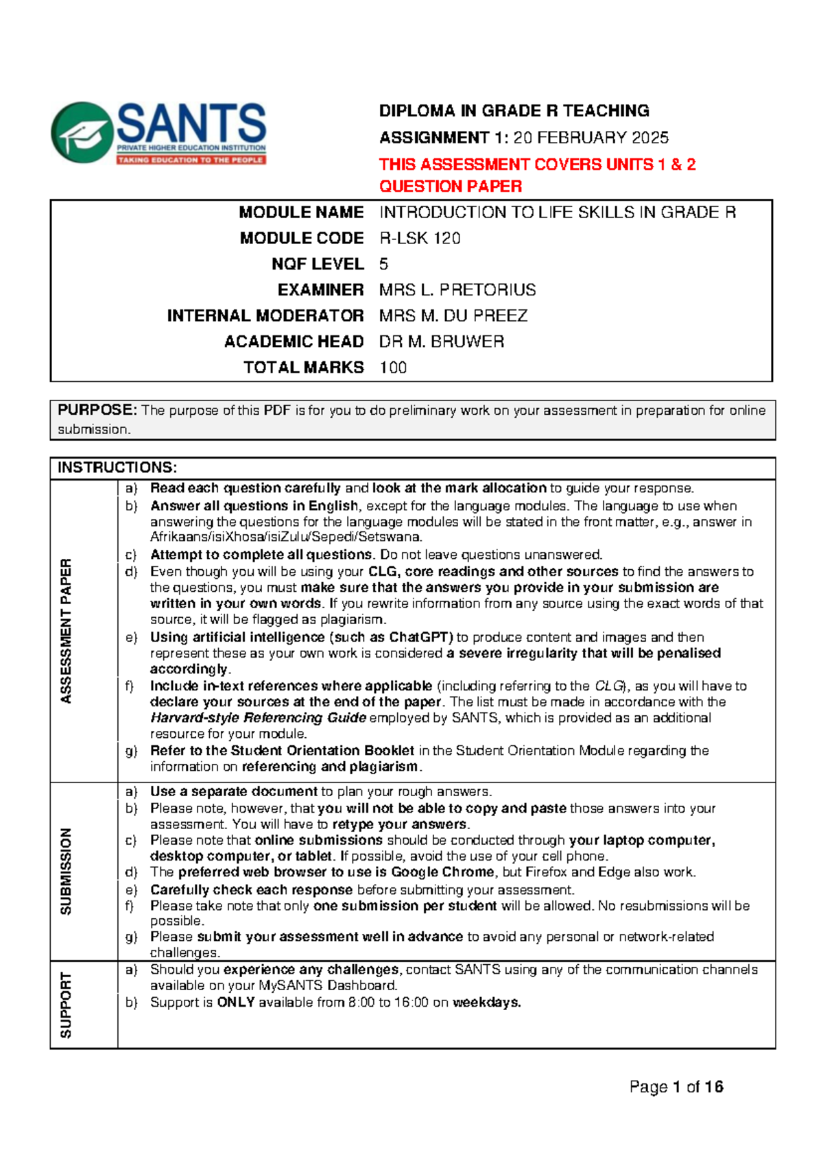 R-LSK 120 Assignment 1 Question Paper February 2025: Life Skills in ...
