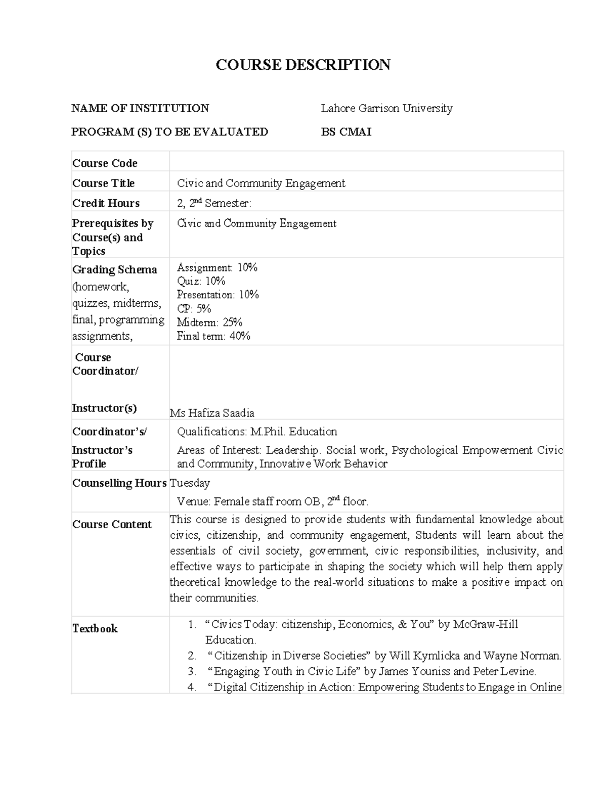 Civic and Community Engagement Course Outline - BS CMAI - Studocu