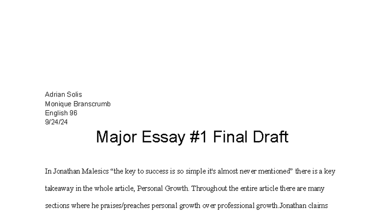 English 96 Major Essay Final Draft: Personal Growth vs. Careerism - Studocu