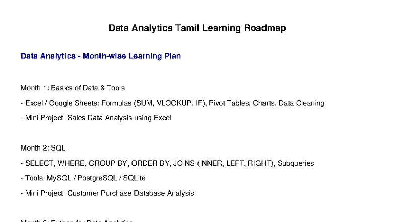 Data Analytics (DA101) Tamil Learning Roadmap: Monthwise Plan - Studocu
