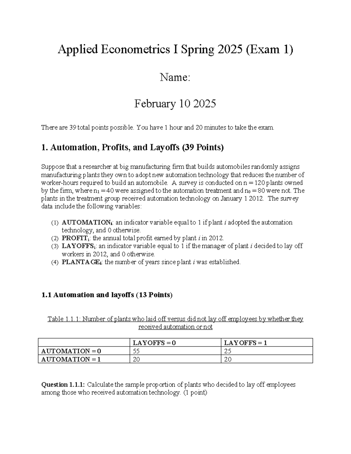 Solutions for Exam 1: Applied Econometrics I - Spring 2025 - Studocu