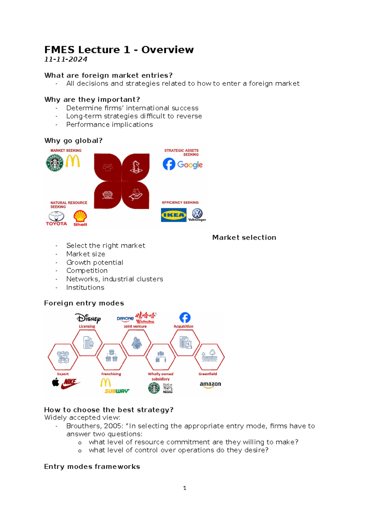 FMES Lecture 1: Overview of Foreign Market Entry Strategies - Studeersnel