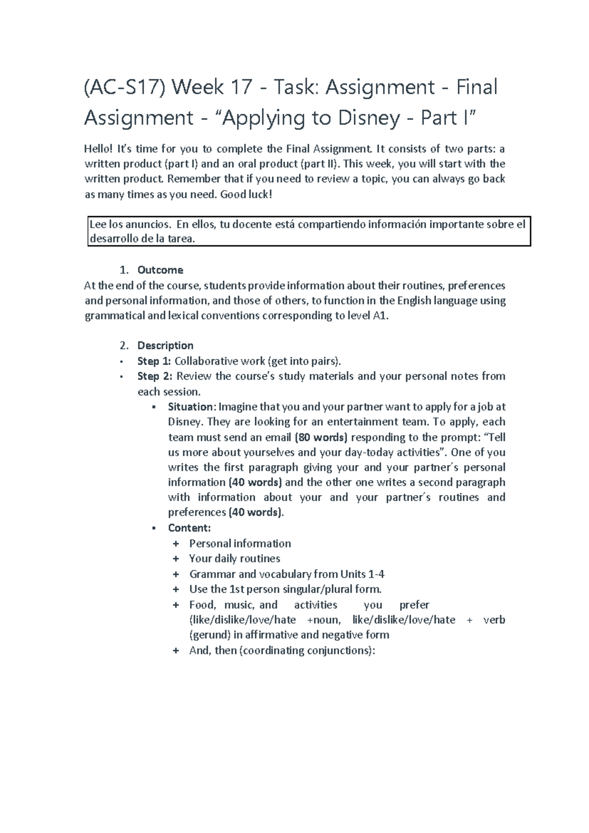 Week 17: Final Assignment Instructions for Disney Application - Studocu