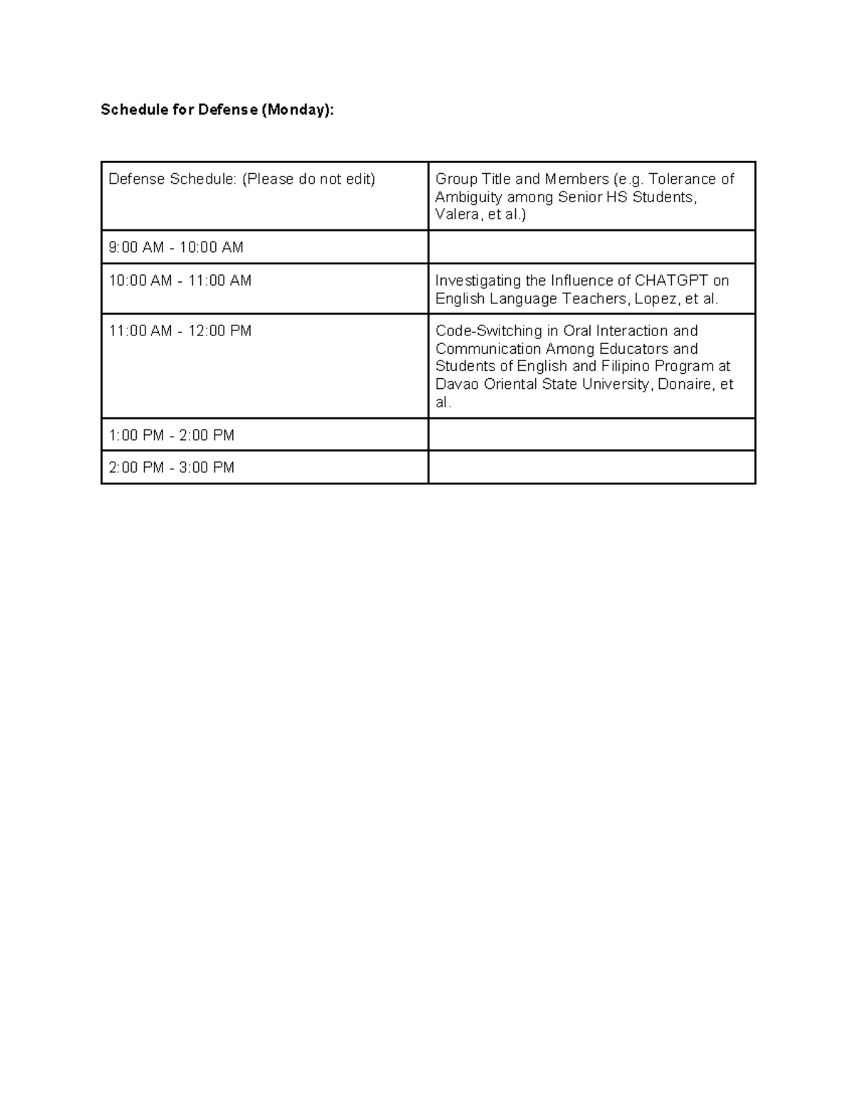 Schedule for Defense (Monday): - Schedule for Defense (Monday): Defense ...
