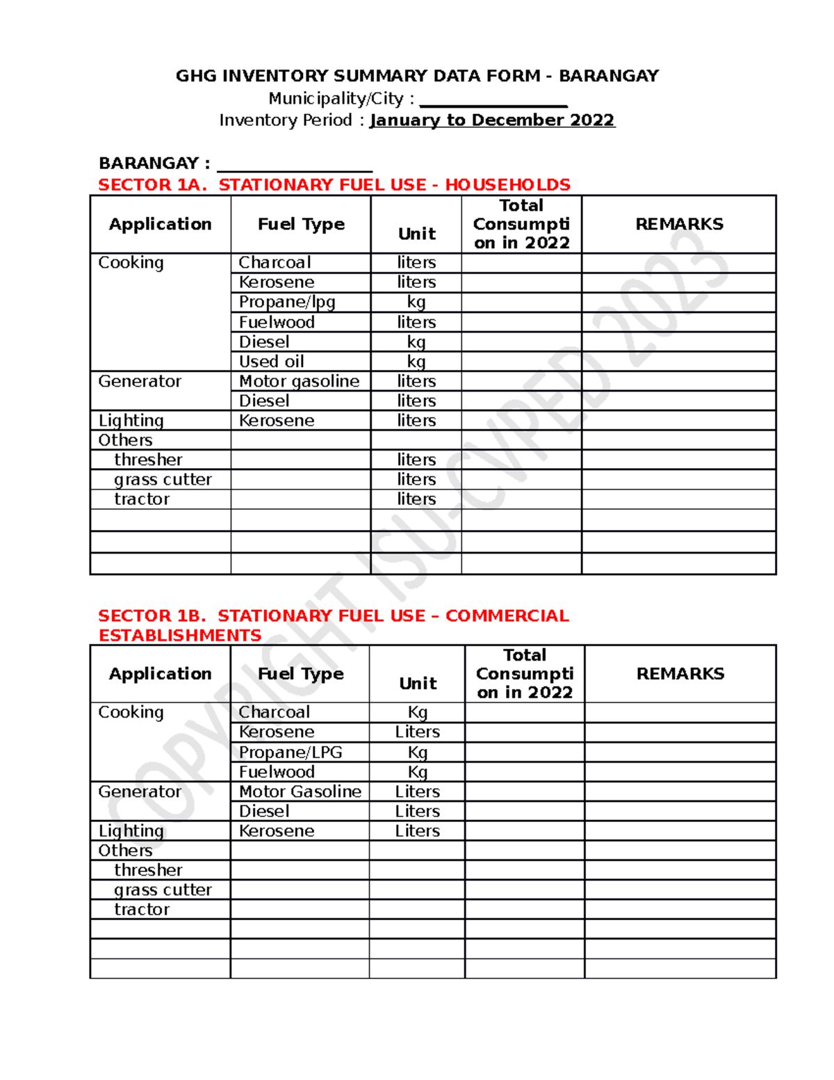 GHGi Summary Data for Barangay Inventory (2022) Report - Studocu