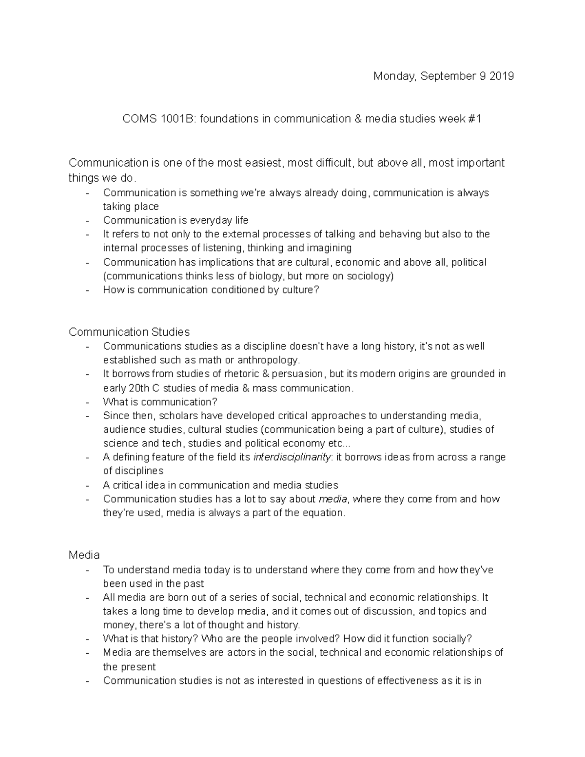 COMS 1001B - Lecture Notes: Weeks 1 to 11 Overview on Media ...