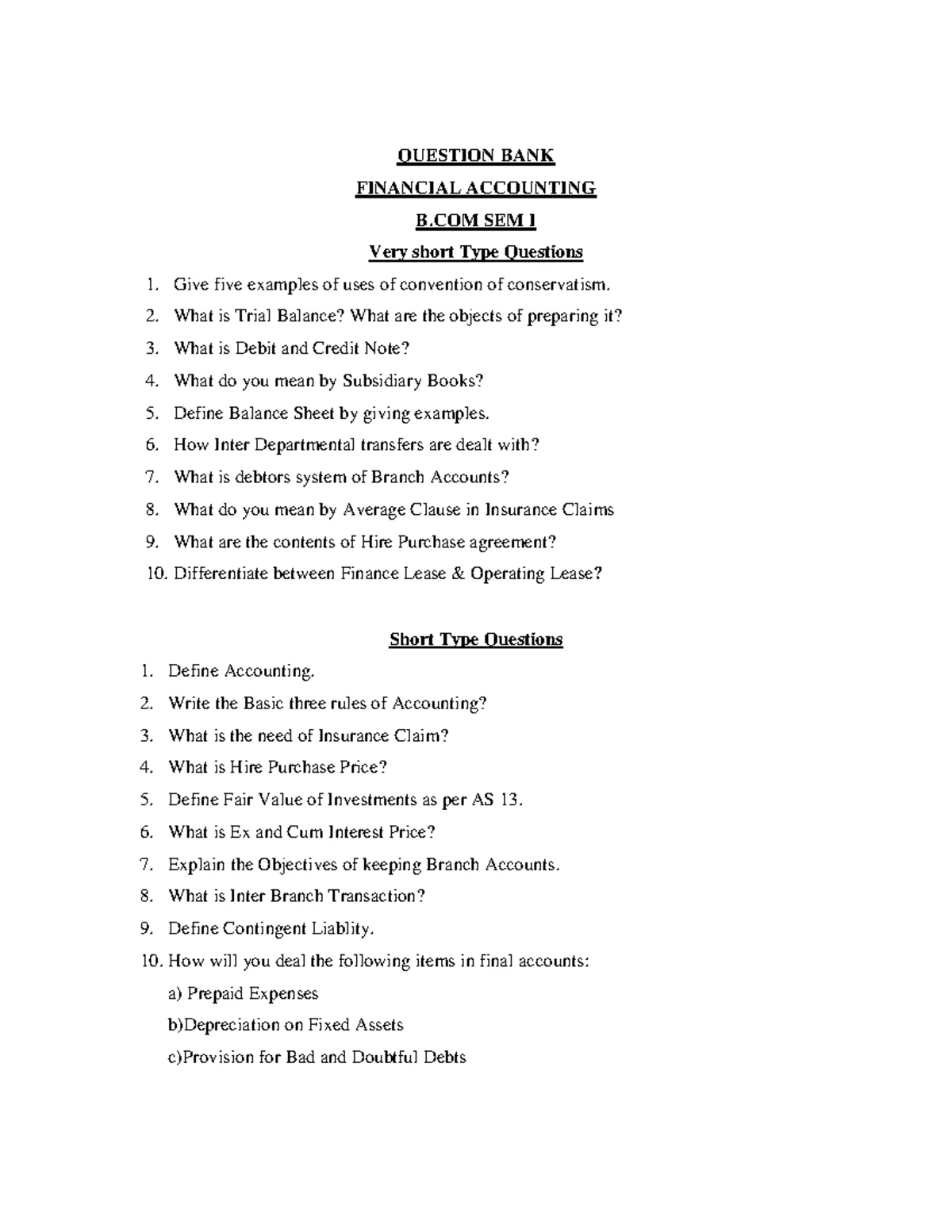 QUESTION BANK (DESCRIPTIVE) - Accounting Financial Management (16MB749 ...