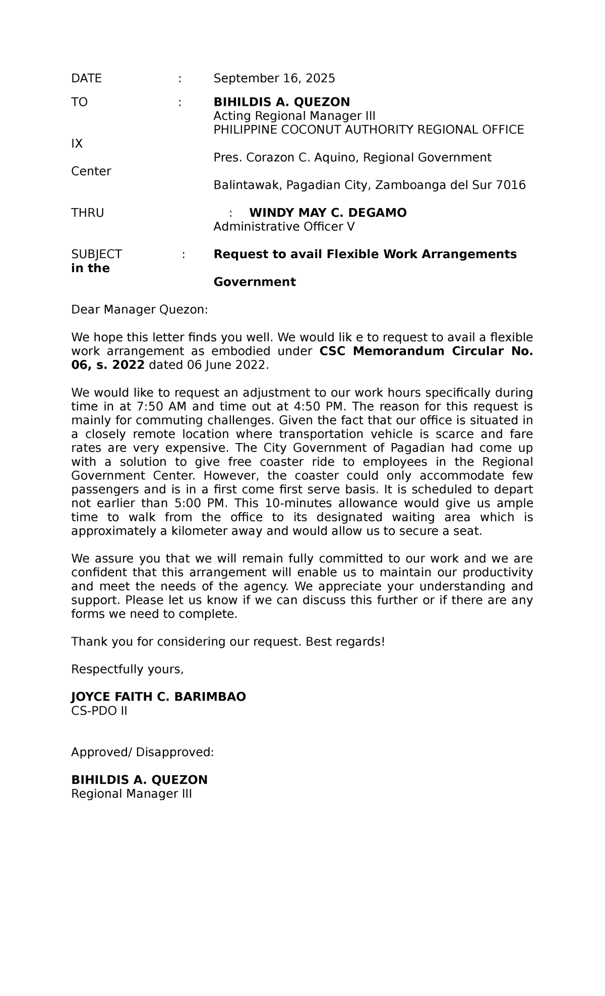 Request for Flexible Work Arrangements - Flexi Letter - Studocu