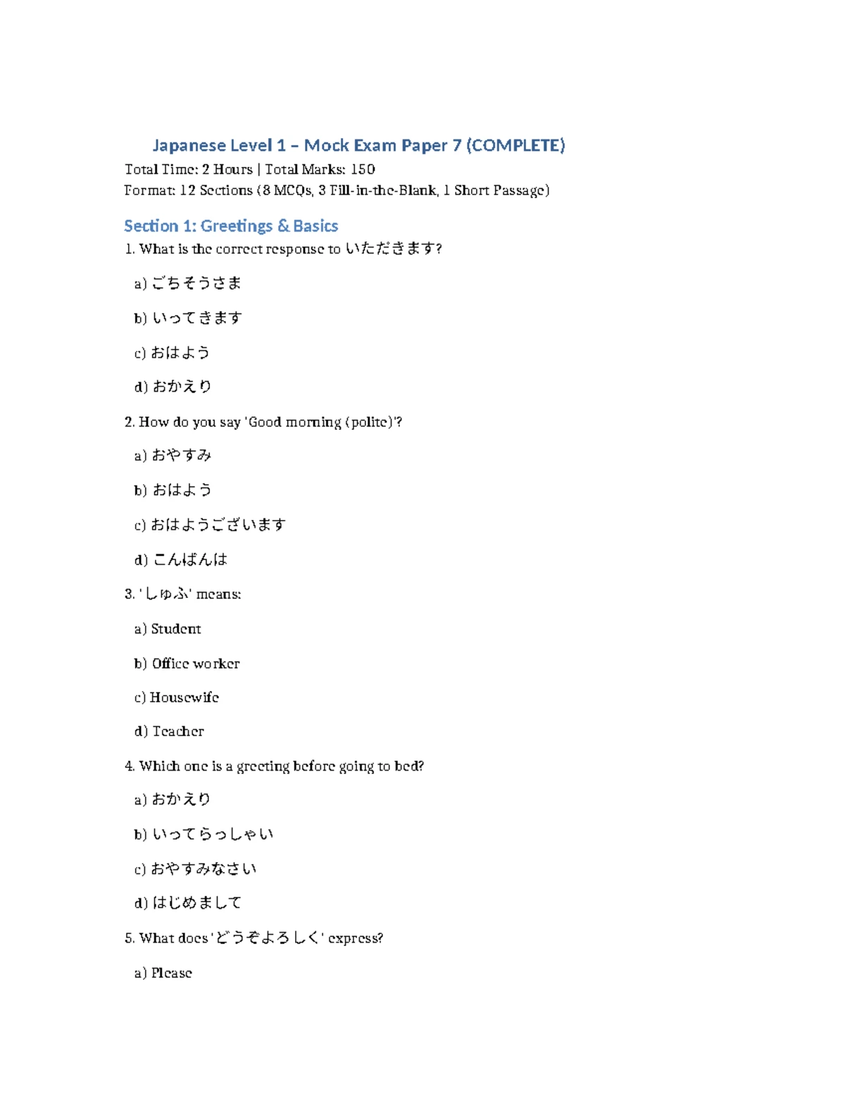 Japanese Level 1 Mock Exam Paper 9: Comprehensive Practice Test - Studocu