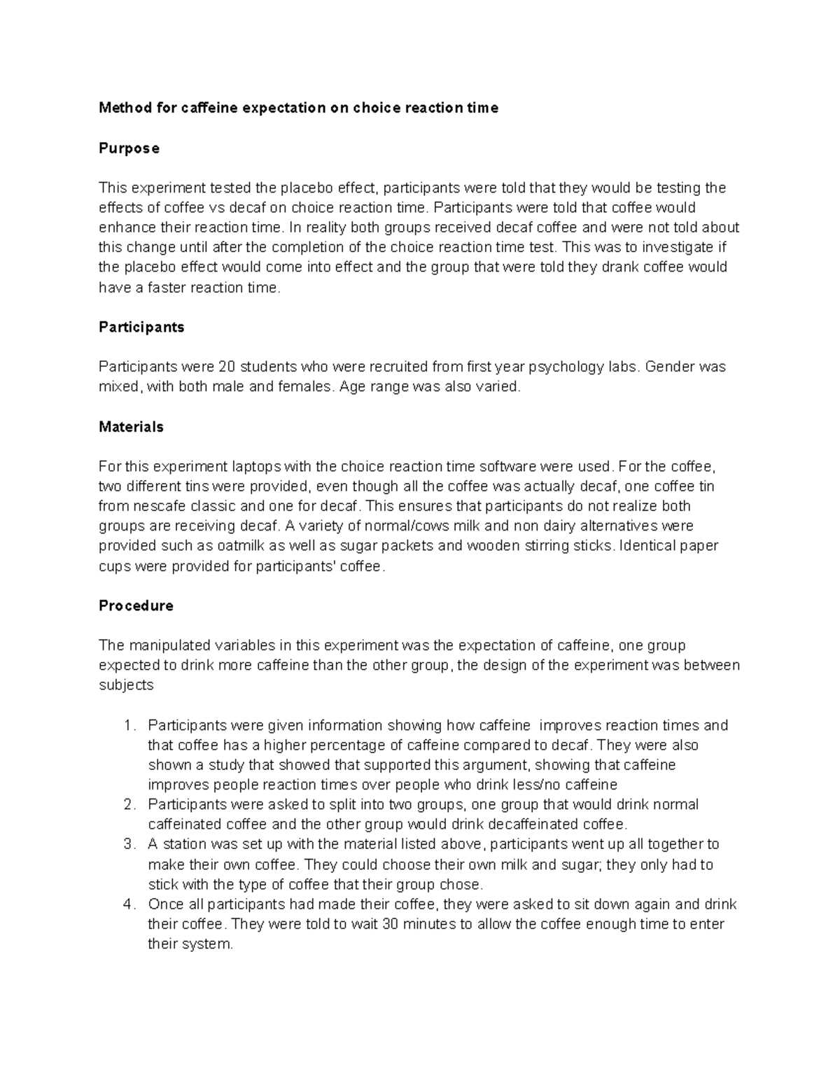 Cognitive Effects of Caffeine Expectation on Reaction Time: Study ...