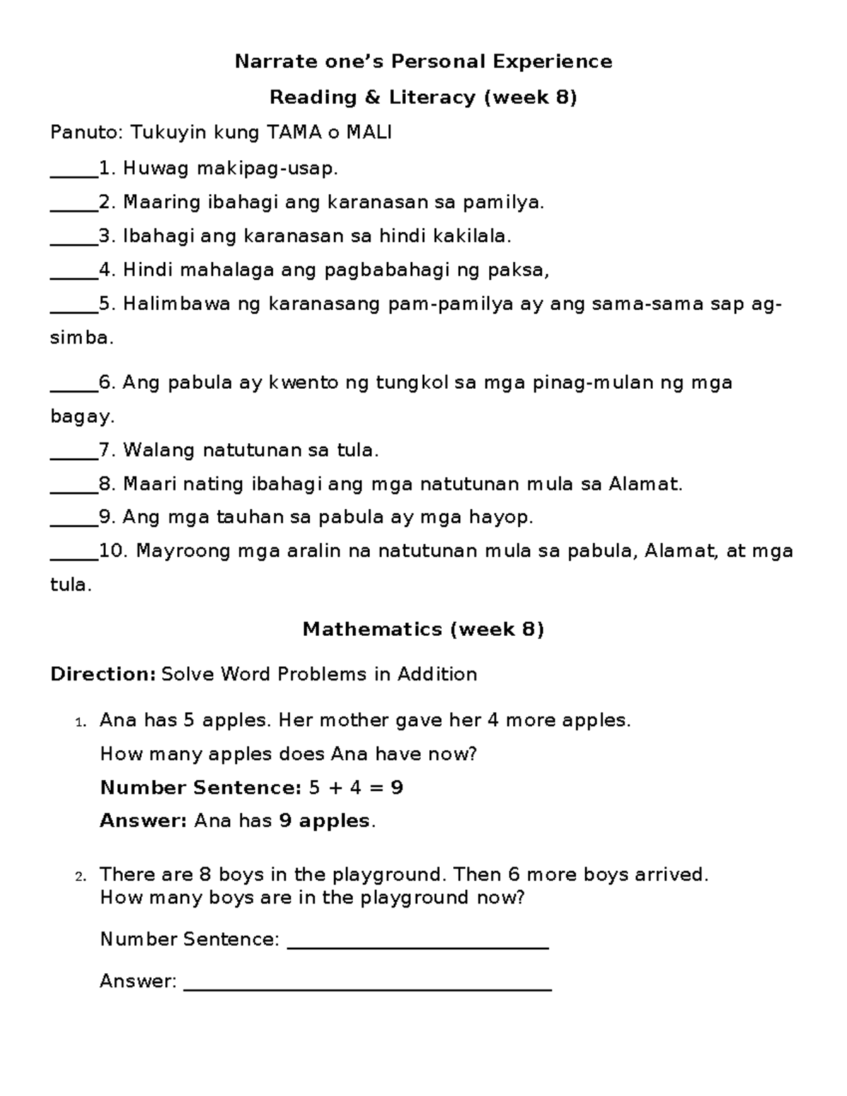 Personal Experience & Math Word Problems (Week 8) - Studocu