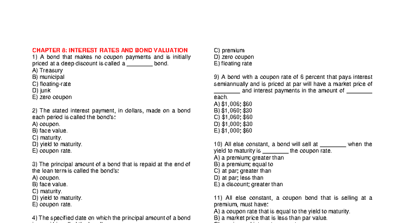 CHAPTER 8: INTEREST RATES AND BOND VALUATION - TESTBANK TCDN - Studocu