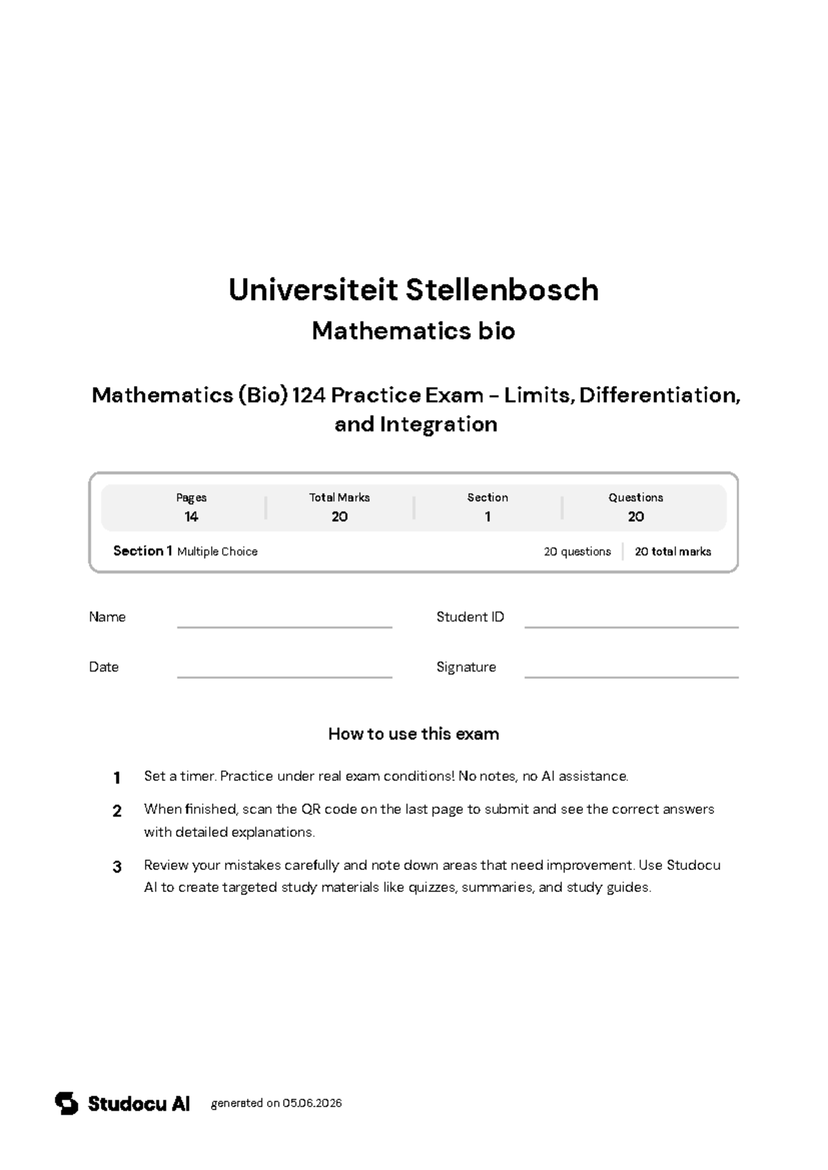 Mathematics (Bio) 124 Practice Exam - Limits and Differentiation - Studocu