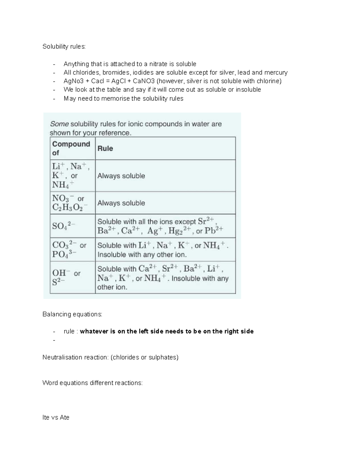 Chemistry Solubility Rules & Balancing Equations Notes - Studocu