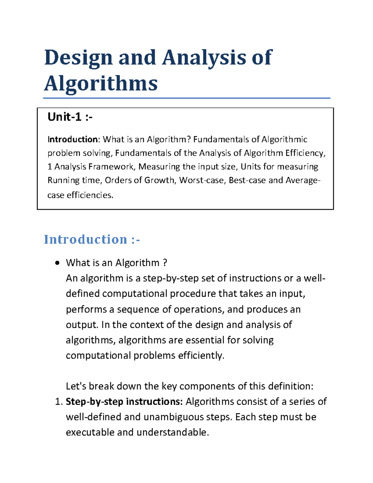 Design and Analysis of Algorithms: Fundamentals and Efficiency (CS-101 ...