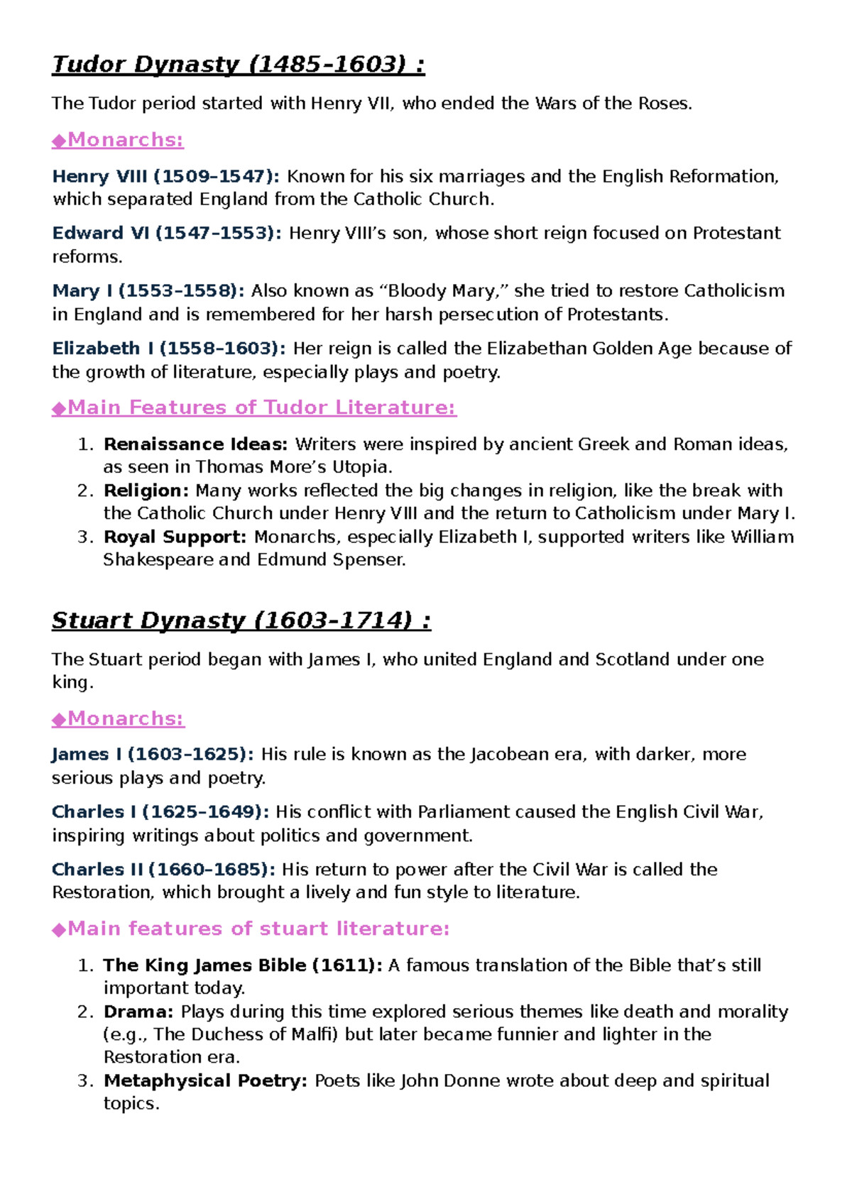 Tudor & Stuart Dynasties: Key Literary Developments and Influences ...