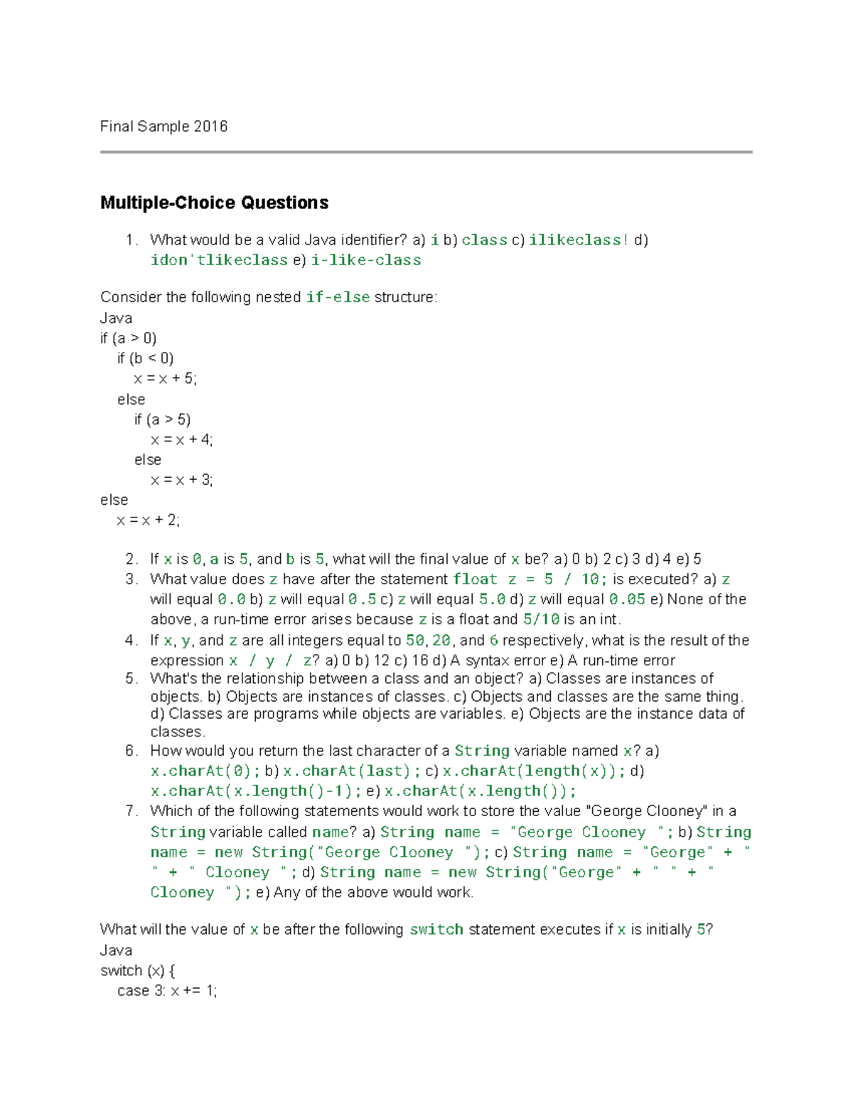 Final Exam Sample Questions for Java Programming (2016) - Studocu