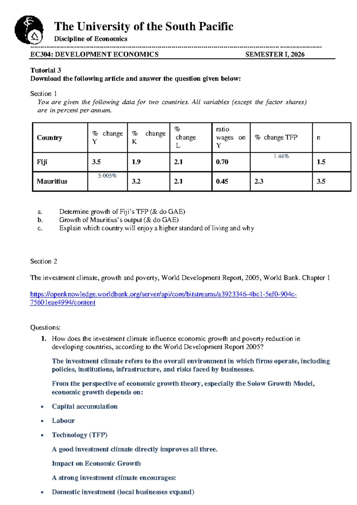EC304: Development Economics Tutorial 3 - Investment Climate & Growth ...
