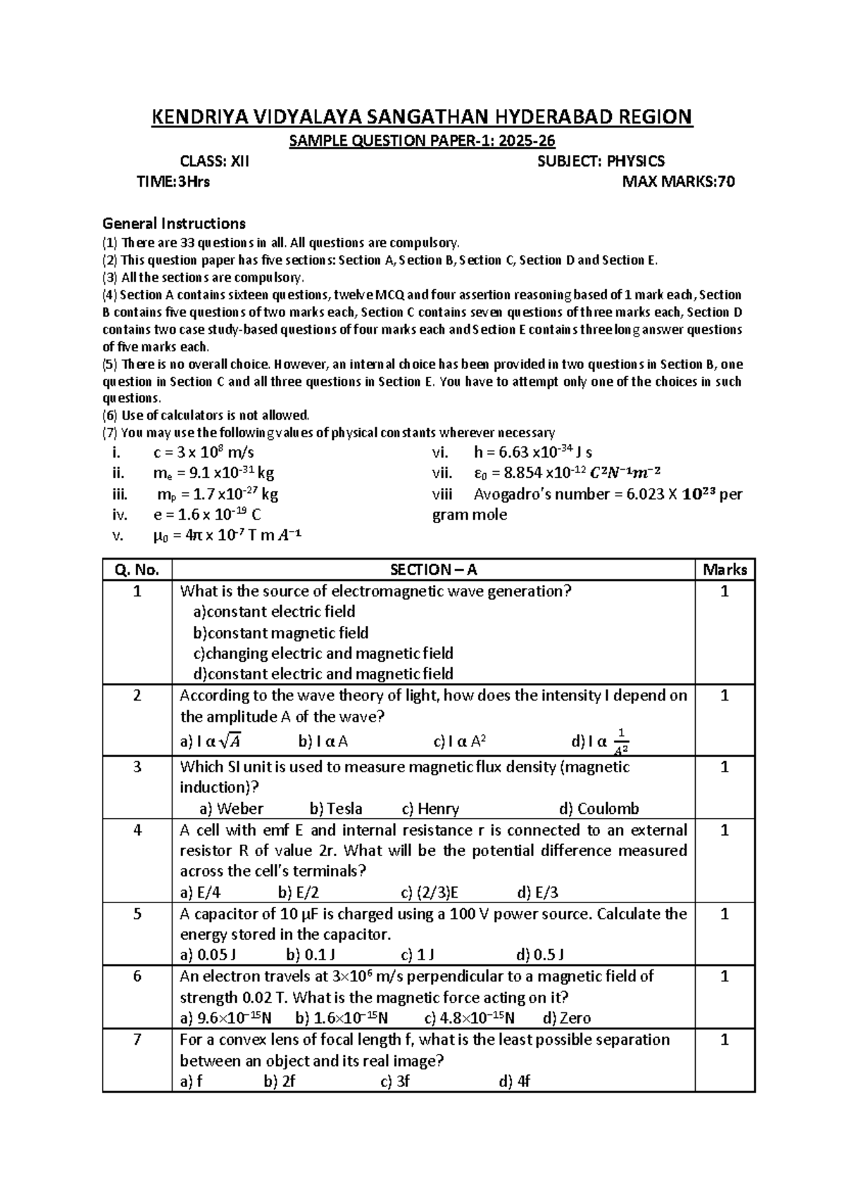 12 PHYSICS SAMPLE QUESTION PAPER CLASS XII KVS 2025-26 - Studocu