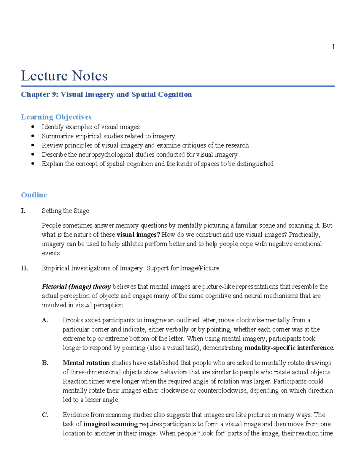 Lecture Notes: Ch. 9 Visual Imagery & Spatial Cognition Insights - Studocu