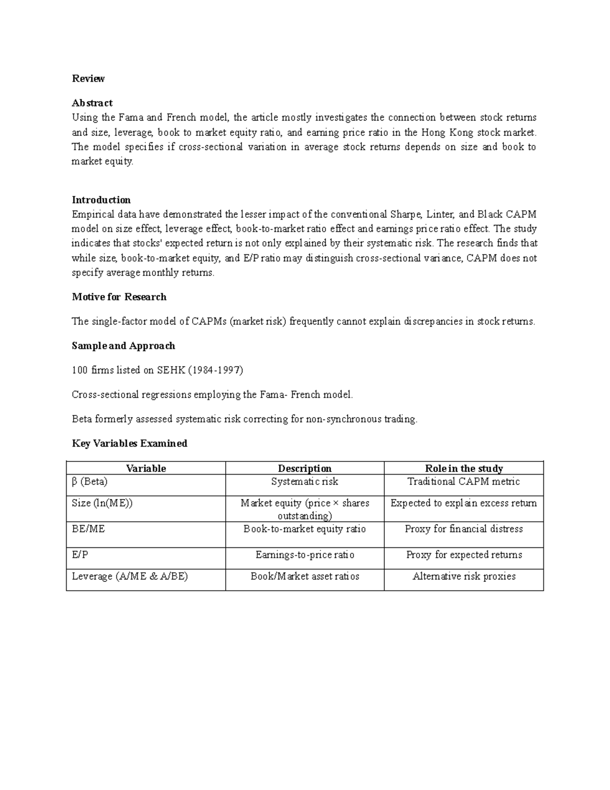 Fama and French Model Analysis: Stock Returns in HK Market - Studocu