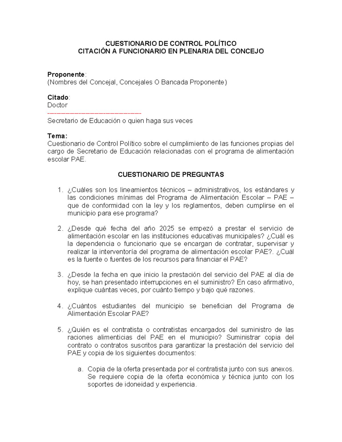 Cuestionario Control Político sobre PAE - Sec. Educación 2025 - Studocu
