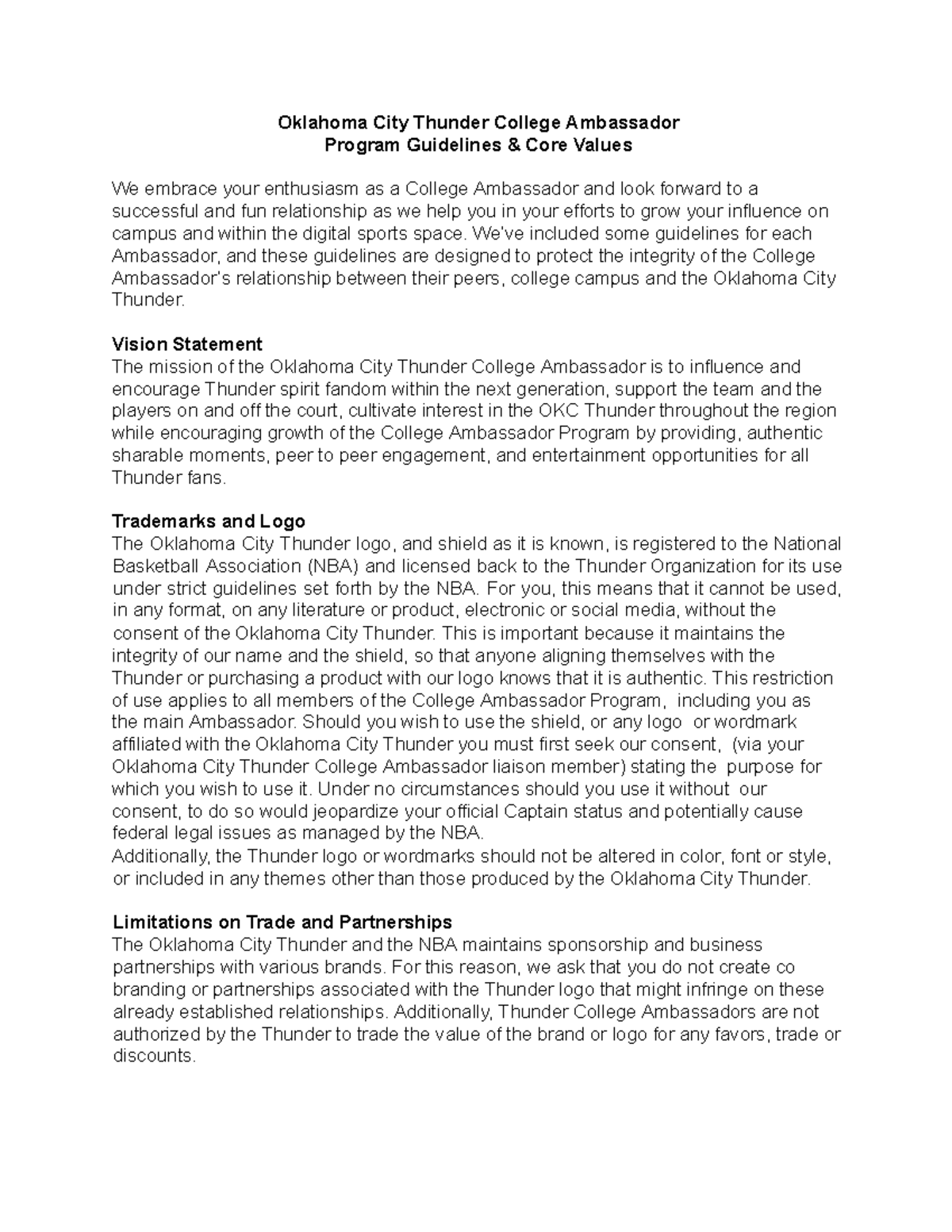 OKC Thunder College Ambassador Program Guidelines & Core Values - Studocu
