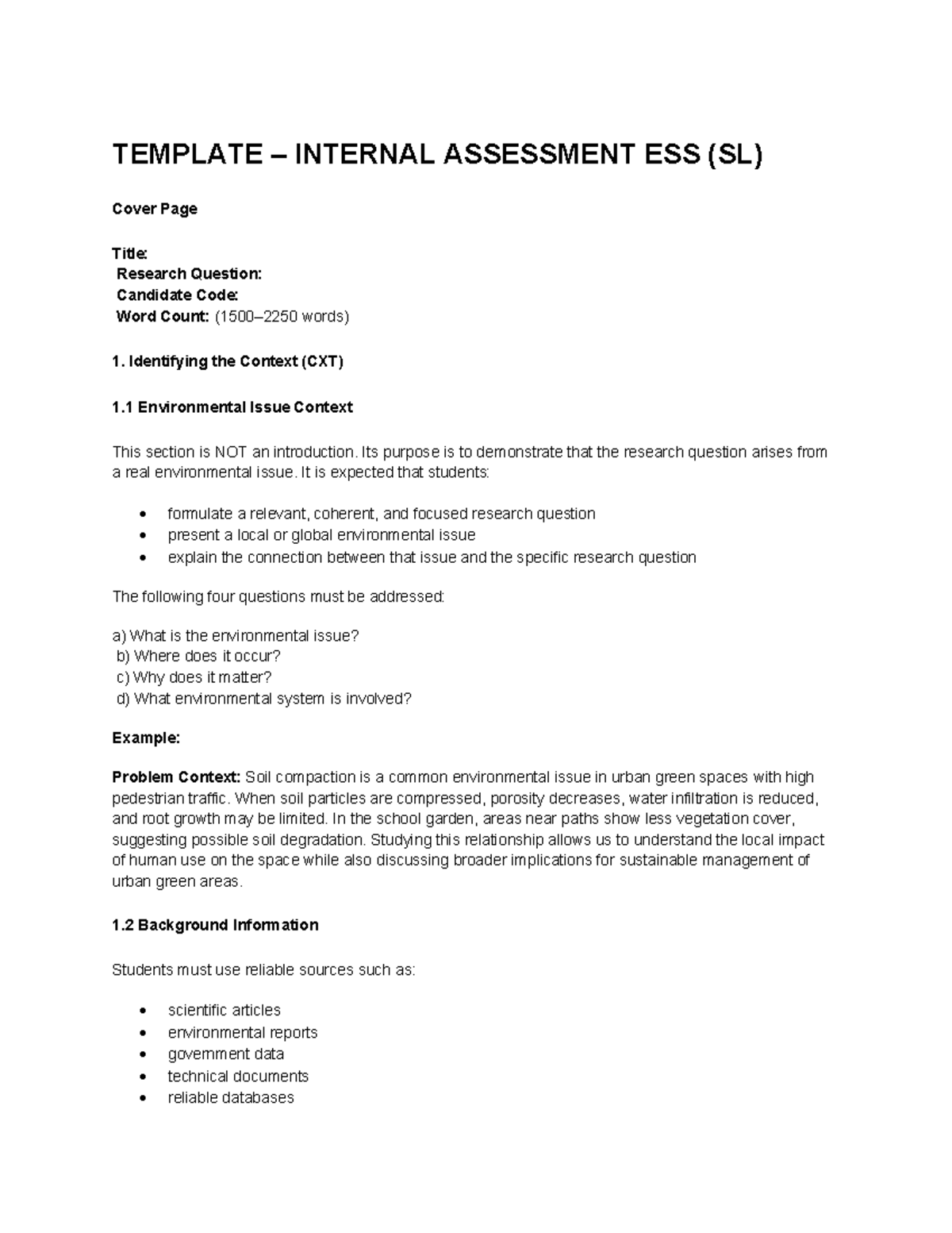 Internal Assessment Template for ESS (SL) - Research Framework - Studocu