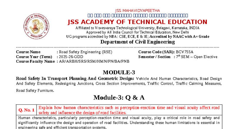 Road Safety Engineering (RSE) - BCV755A Elective Course Notes - Studocu