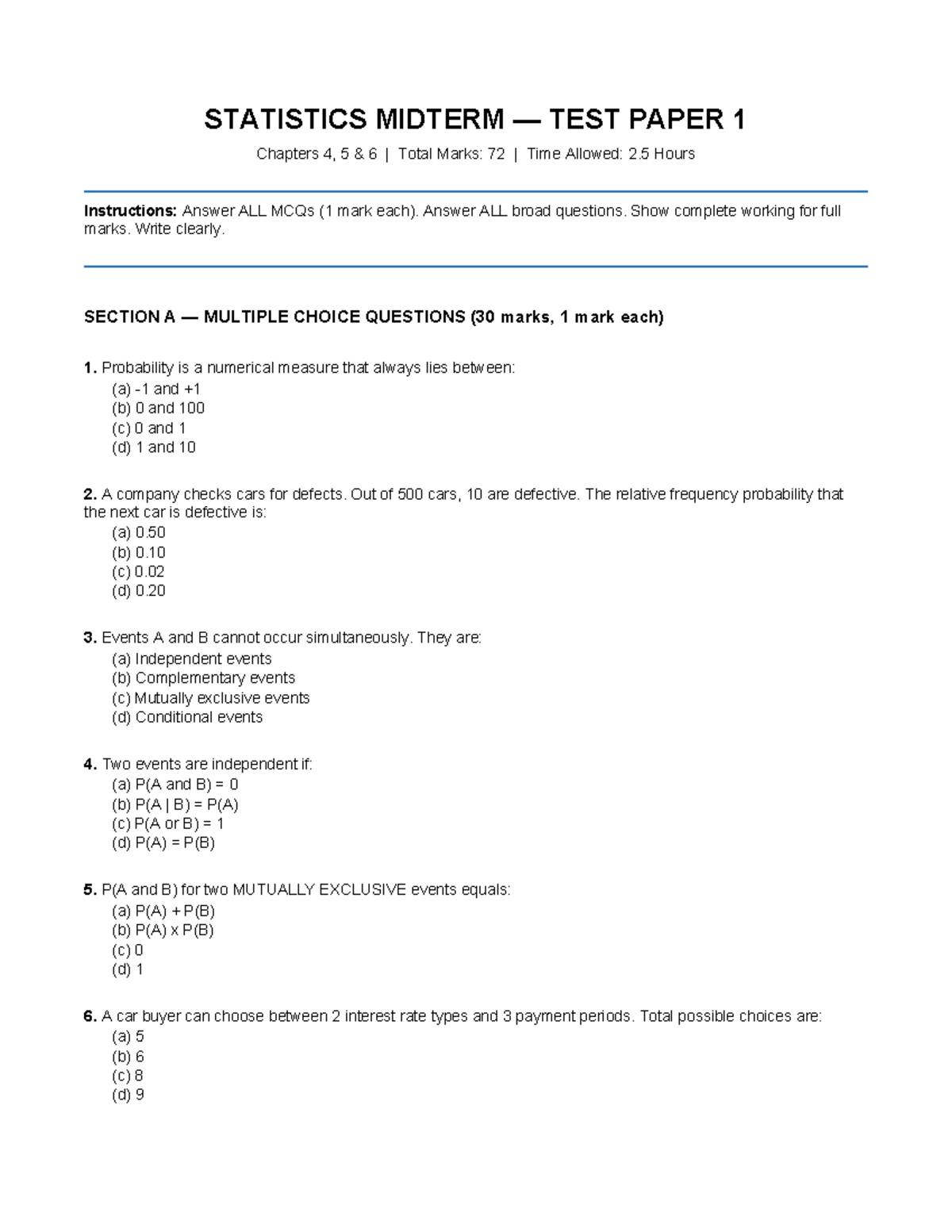 ECO172 STATISTICS MIDTERM TEST PAPER 1 & 2 Overview and Solutions - Document Preview